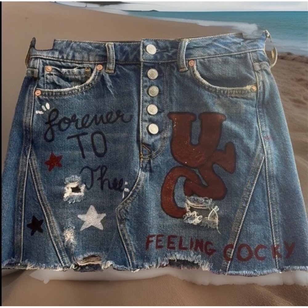 We The Free Upcycled Vintage Jeans To Skirt USC Sc Cocky Sz 26 14 W L 14